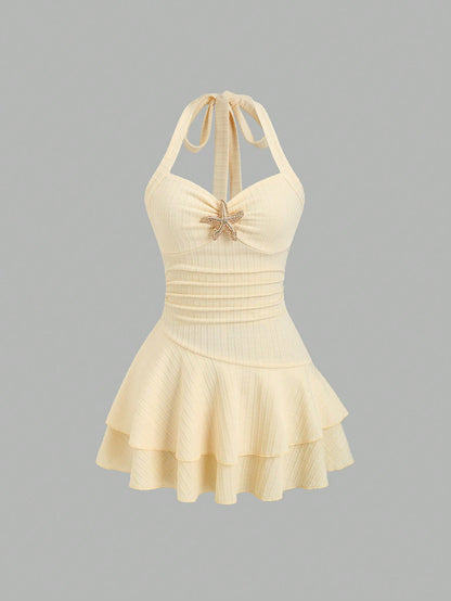 Unity Women White And Gold Elegant Textured Halter Tie Neck Mini Dress,Ruched Bust Metal Decor Double Ruffle Hem Summer Casual Holiday Pool Party Vacation