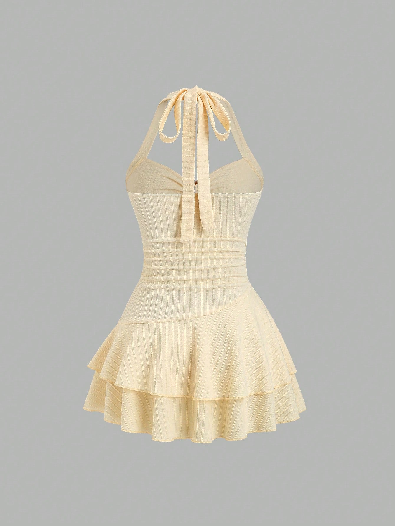Unity Women White And Gold Elegant Textured Halter Tie Neck Mini Dress,Ruched Bust Metal Decor Double Ruffle Hem Summer Casual Holiday Pool Party Vacation
