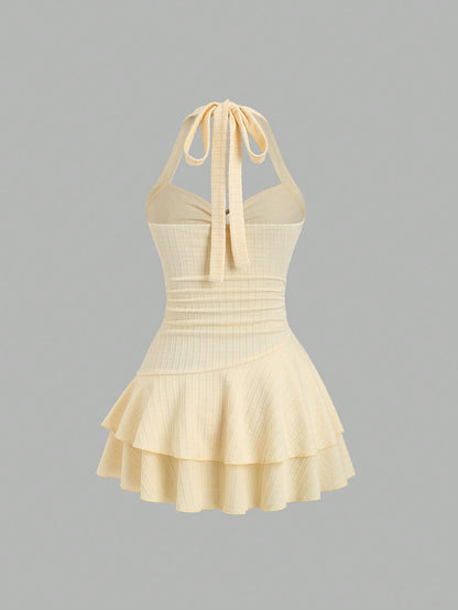 Unity Women White And Gold Elegant Textured Halter Tie Neck Mini Dress,Ruched Bust Metal Decor Double Ruffle Hem Summer Casual Holiday Pool Party Vacation