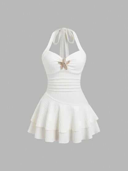Unity Women White And Gold Elegant Textured Halter Tie Neck Mini Dress,Ruched Bust Metal Decor Double Ruffle Hem Summer Casual Holiday Pool Party Vacation