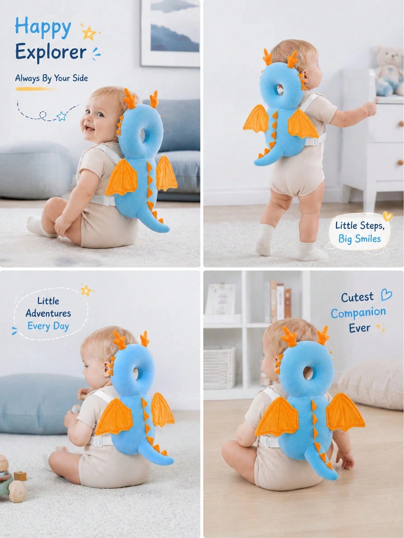 Upgraded Baby Anti-Fall Pillow, New Baby Anti-Fall Protective Hat, Thickened And Widened Cartoon Blue Little Dragon Toddler Anti-Collision Pad, Newborn Toddler Anti-Fall Protective Pillow, Travel Head
