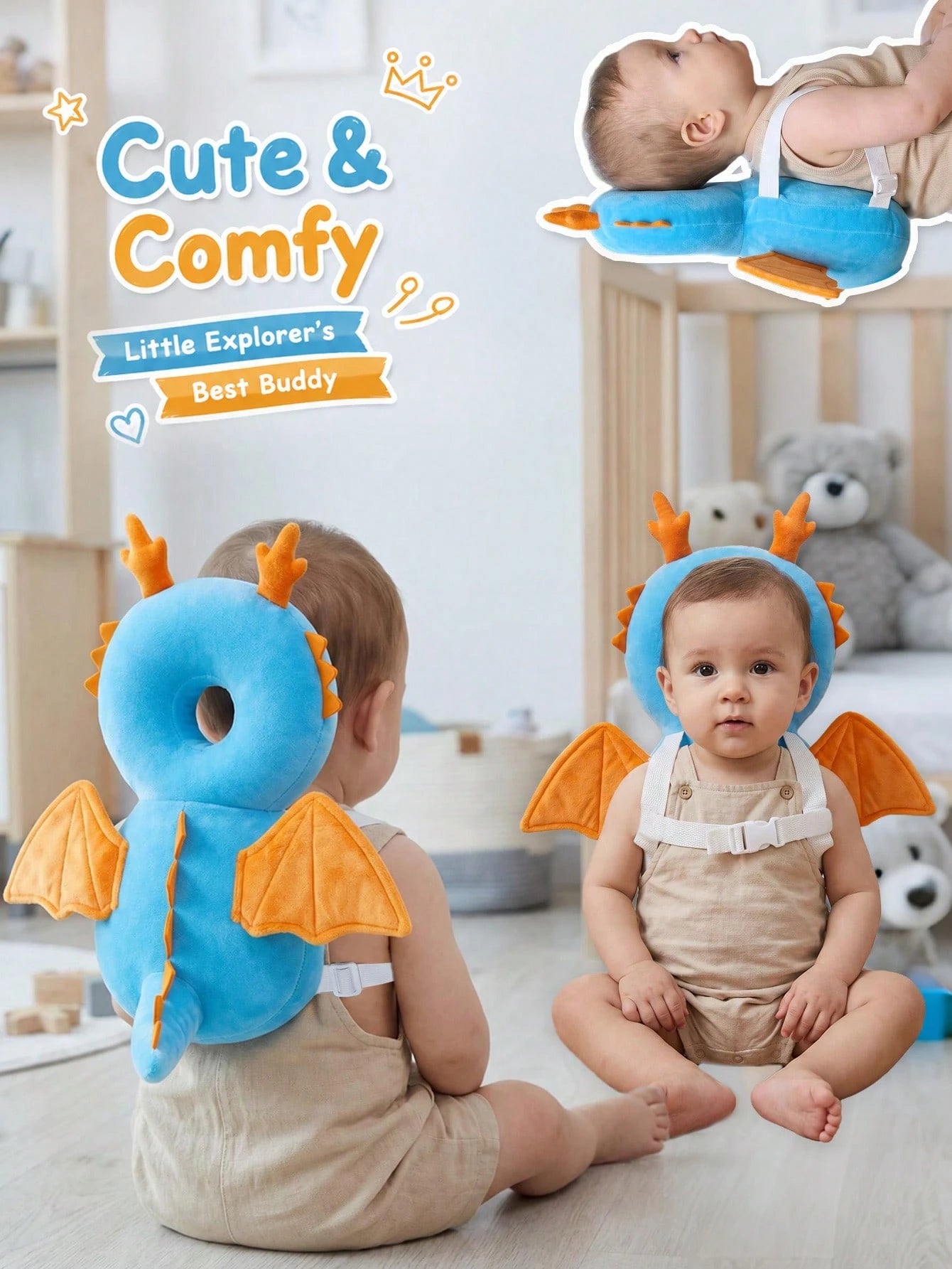 Upgraded Baby Anti-Fall Pillow, New Baby Anti-Fall Protective Hat, Thickened And Widened Cartoon Blue Little Dragon Toddler Anti-Collision Pad, Newborn Toddler Anti-Fall Protective Pillow, Travel Head