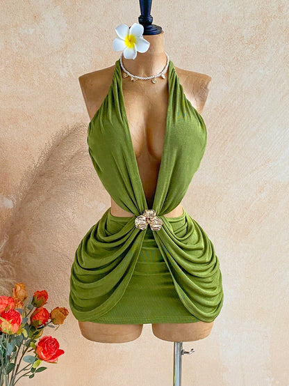 Ure Wave Women's Olive Green Summer 70s Party Dress,3D Floral Embellished Knitted Mini V-Neck Open Back Cutout Waist Roman Pleats Festival Beach Outfits