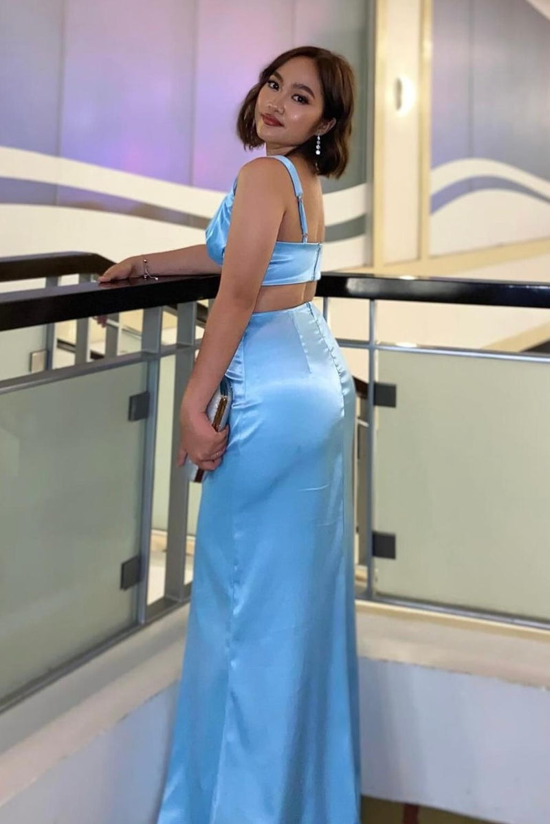 V Neck Blue Cutout Long Prom Dress