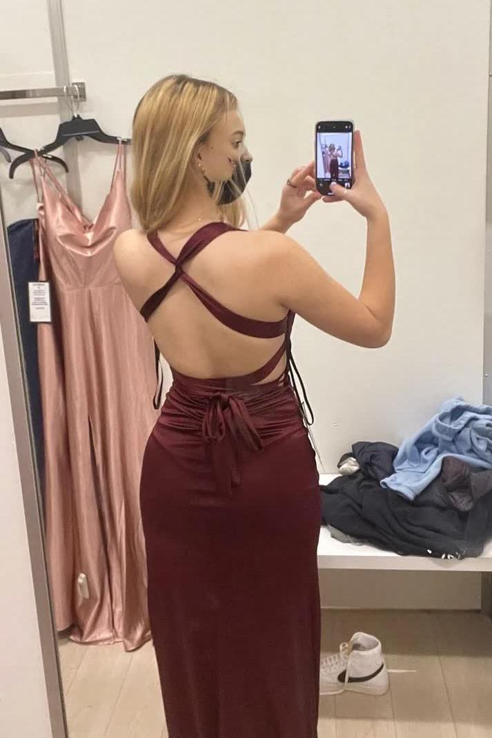 V Neck Burgundy Satin Fitted Long Party Dress