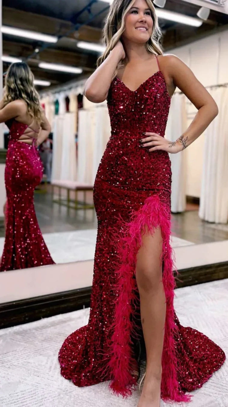 V-neck Feather Prom Dress, Split Sequin Evening Gown,AST1630