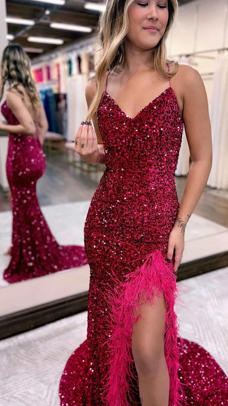 V-neck Feather Prom Dress, Split Sequin Evening Gown,AST1630