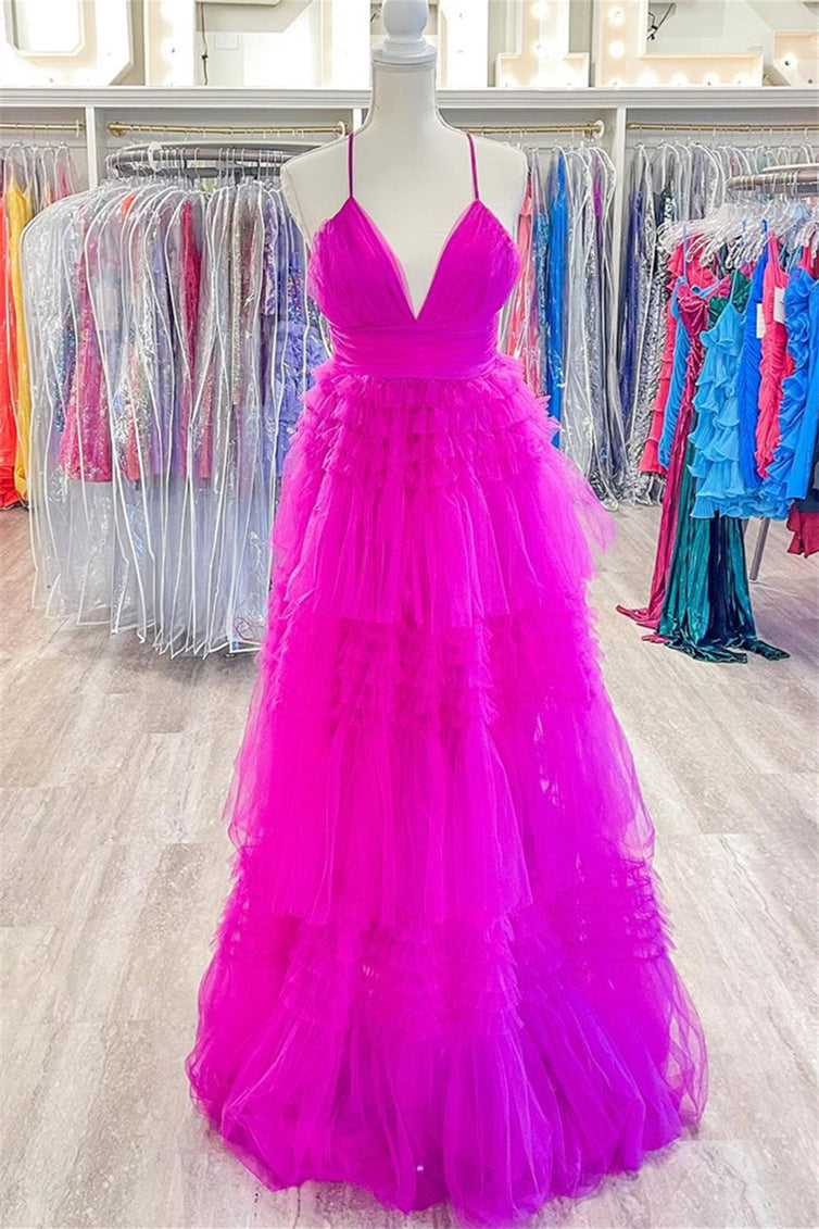 V Neck Fuchsia Tulle A-line Party Dress