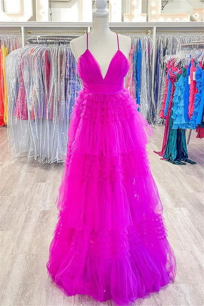 V Neck Fuchsia Tulle A-line Party Dress