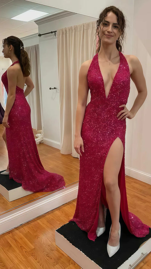 V-Neck Halter Prom Dresses With Split,AST1641