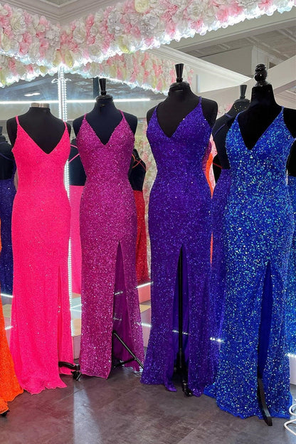 V Neck Sequins Mermaid Long Formal Dress with Cross Back
