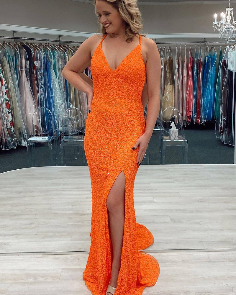 V Neck Sequins Mermaid Long Formal Dress with Cross Back
