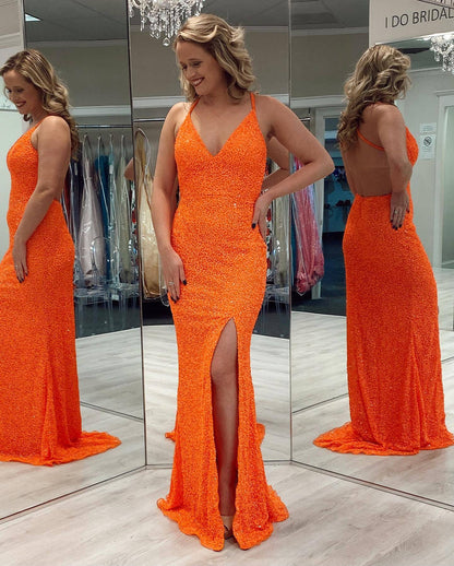 V Neck Sequins Mermaid Long Formal Dress with Cross Back
