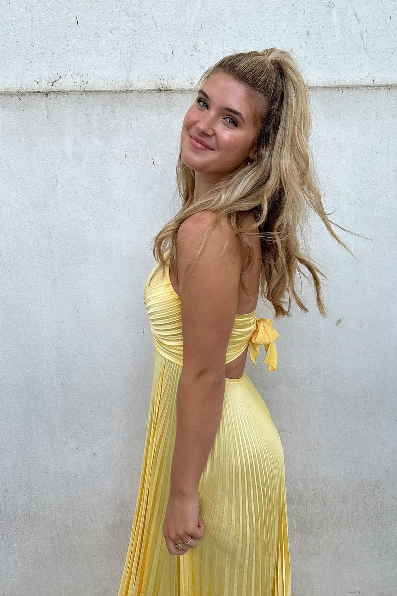V Neck Yellow Pleated A-line Long Party Dress