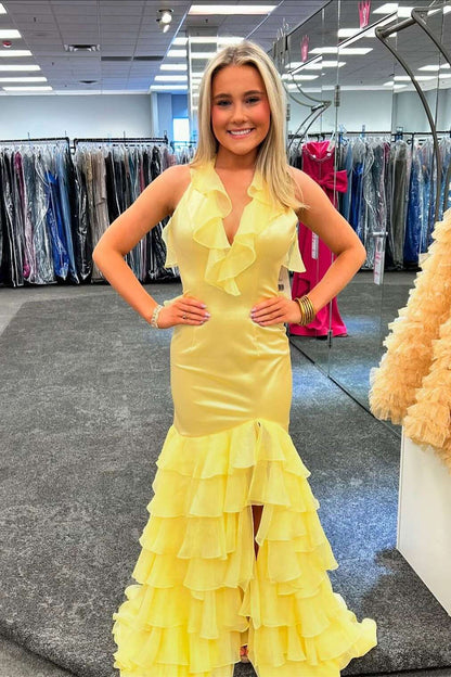 V Neck Yellow Ruffle Mermaid Long Prom Dress
