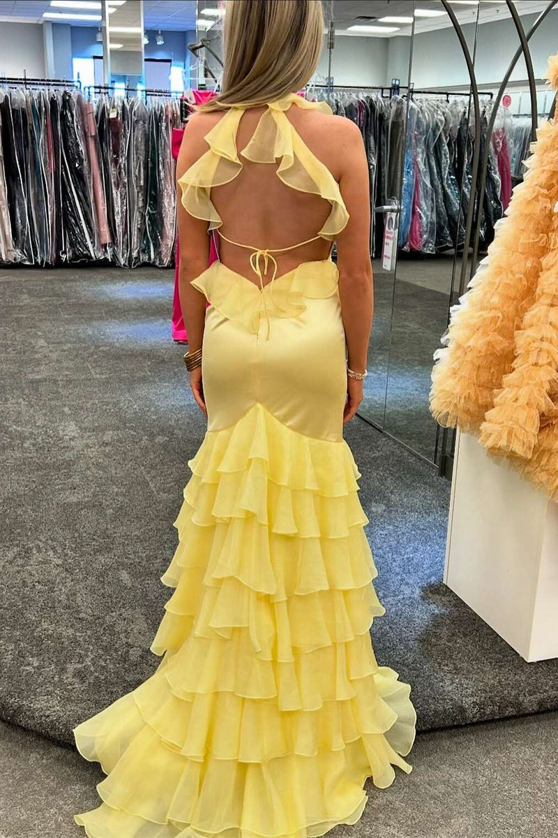 V Neck Yellow Ruffle Mermaid Long Prom Dress