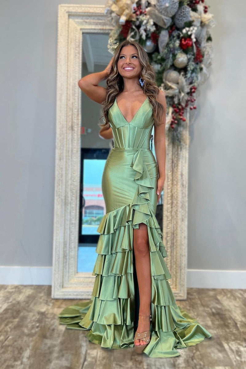 V Neck Yellow Satin Ruffle Fitted Prom Dress