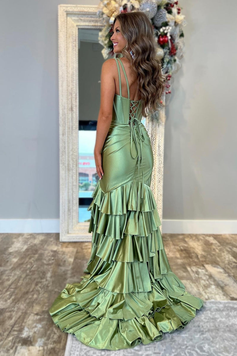 V Neck Yellow Satin Ruffle Fitted Prom Dress