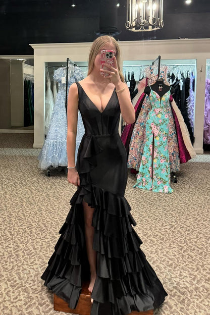V Neck Yellow Satin Ruffle Fitted Prom Dress