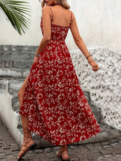 Vacation Fashionable Ditsy Floral Waist Patchwork Hollow Lace Hem High Slit Slip Dress Casual Summer Party Elegant