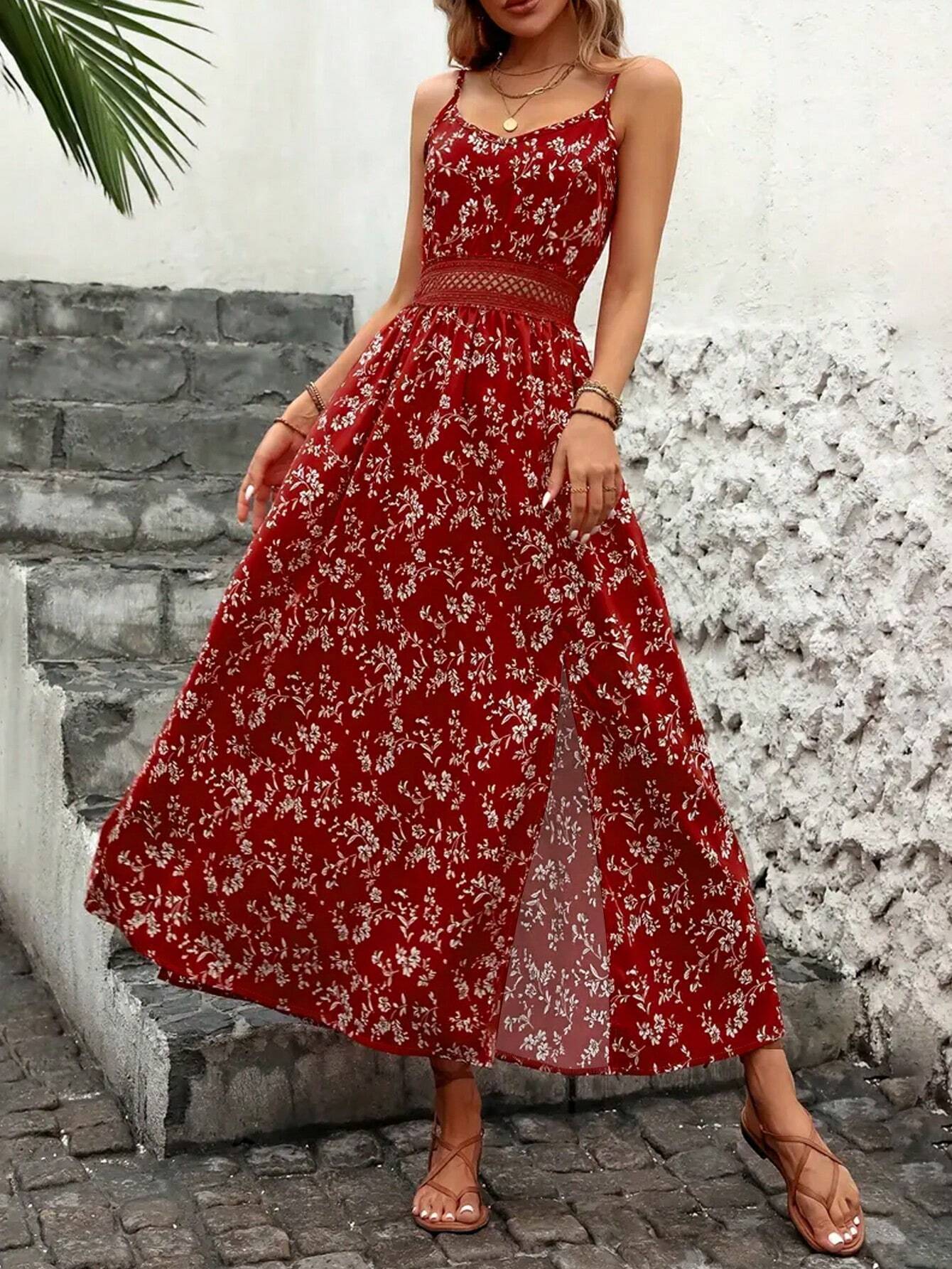 Vacation Fashionable Ditsy Floral Waist Patchwork Hollow Lace Hem High Slit Slip Dress Casual Summer Party Elegant