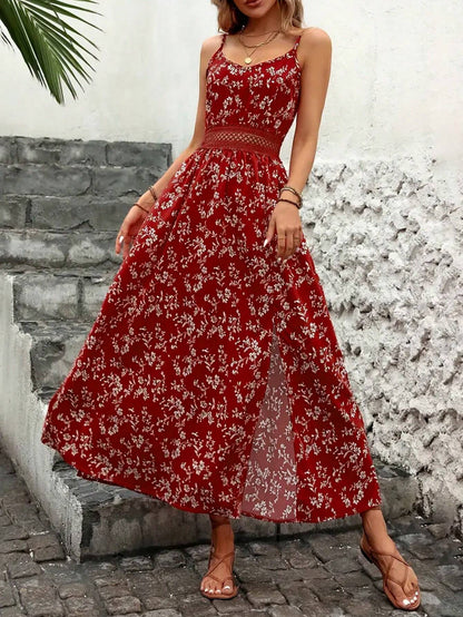 Vacation Fashionable Ditsy Floral Waist Patchwork Hollow Lace Hem High Slit Slip Dress Casual Summer Party Elegant