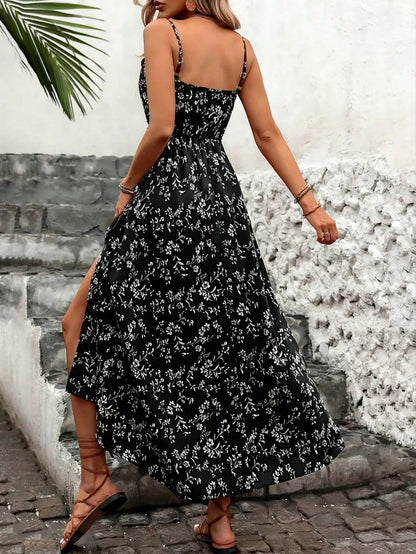 Vacation Fashionable Ditsy Floral Waist Patchwork Hollow Lace Hem High Slit Slip Dress Casual Summer Party Elegant