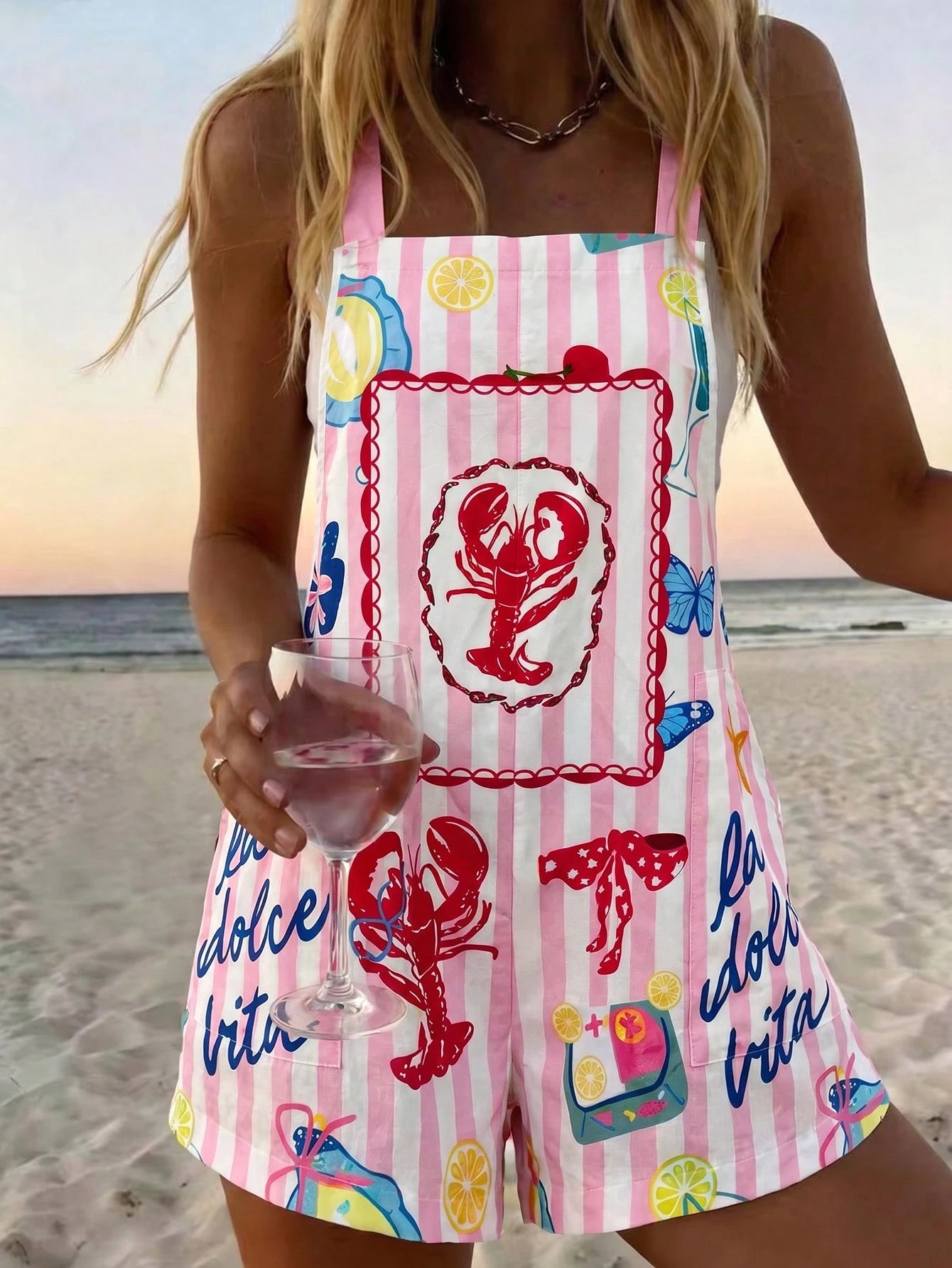 Vaclyn Women's Pink And White Polka Dot Lobster Print Pocket Cover Up Romper Beach Vacation Summer Tropical