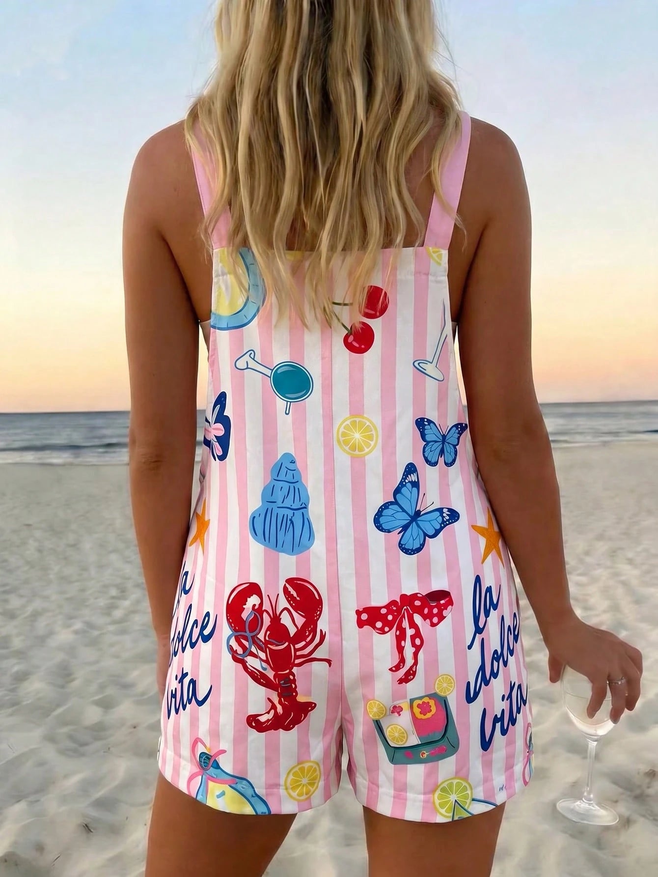 Vaclyn Women's Pink And White Polka Dot Lobster Print Pocket Cover Up Romper Beach Vacation Summer Tropical