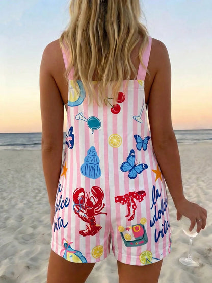 Vaclyn Women's Pink And White Polka Dot Lobster Print Pocket Cover Up Romper Beach Vacation Summer Tropical