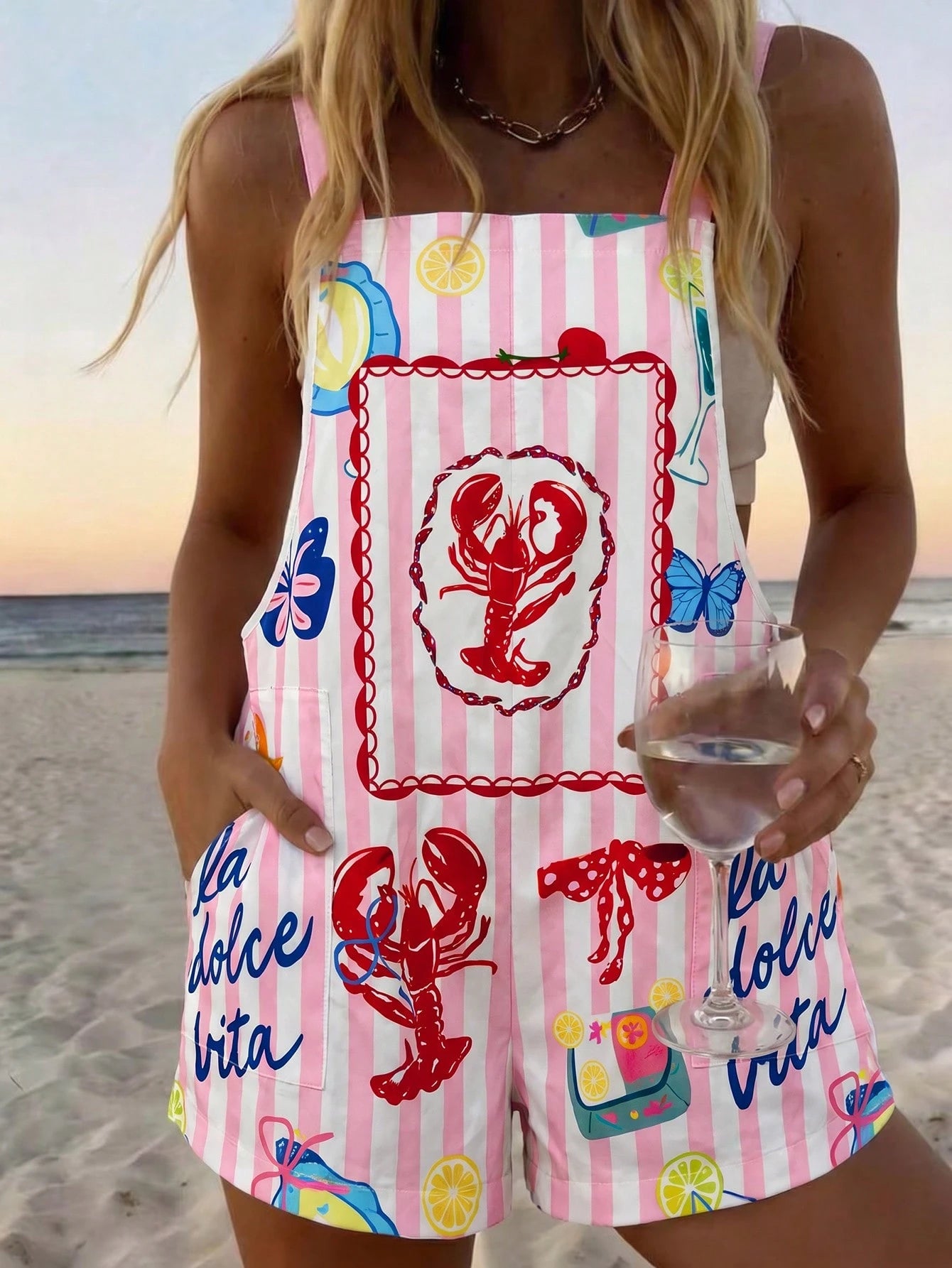Vaclyn Women's Pink And White Polka Dot Lobster Print Pocket Cover Up Romper Beach Vacation Summer Tropical