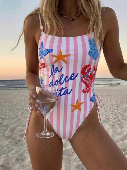 Vaclyn Women's Striped Letter Butterfly Print One-Piece Swimsuit, Suitable For Beach Vacation, Pool Party, Beach Party