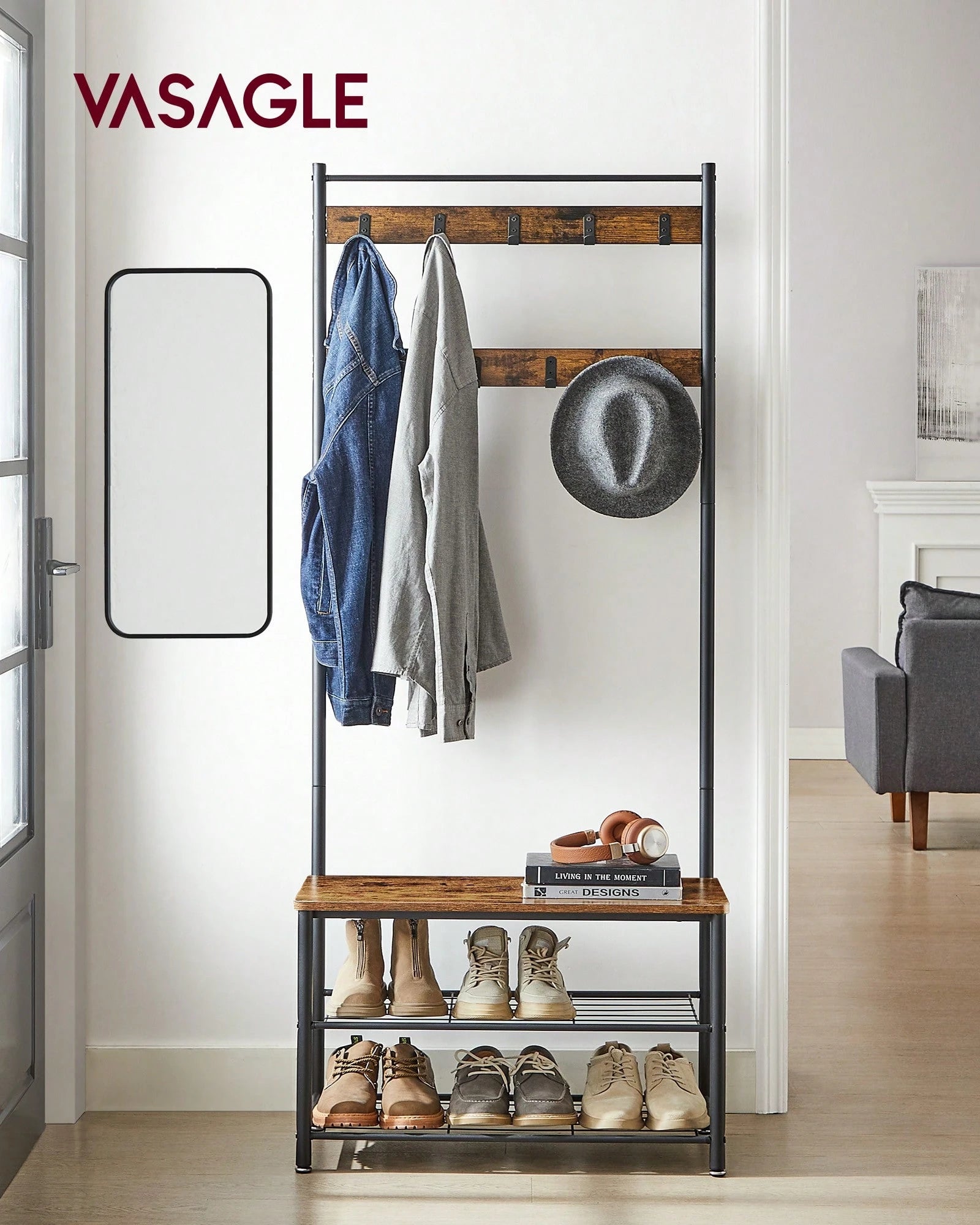 VASAGLE Coat Rack, Hall Tree With Shoe Storage Bench, Entryway Bench With Shoe Storage, 3-In-1, Steel Frame, For Entryway, 12.6 X 27.6 X 68.9 Inches, Industrial