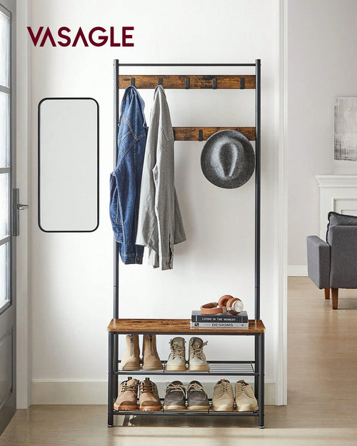 VASAGLE Coat Rack, Hall Tree With Shoe Storage Bench, Entryway Bench With Shoe Storage, 3-In-1, Steel Frame, For Entryway, 12.6 X 27.6 X 68.9 Inches, Industrial