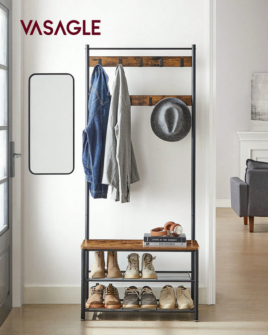 VASAGLE Coat Rack, Hall Tree With Shoe Storage Bench, Entryway Bench With Shoe Storage, 3-In-1, Steel Frame, For Entryway, 12.6 X 27.6 X 68.9 Inches, Industrial