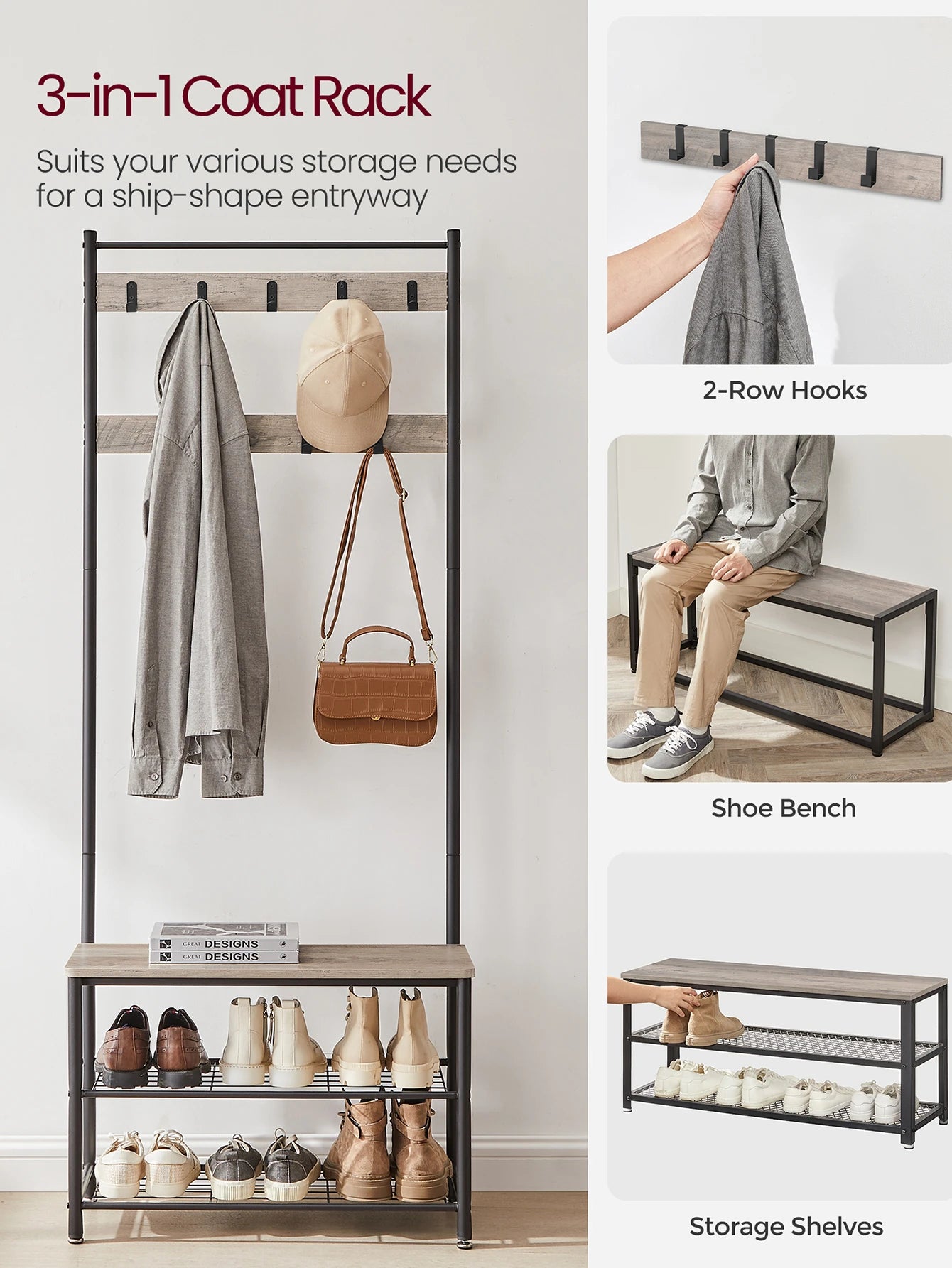 VASAGLE Coat Rack, Hall Tree With Shoe Storage Bench, Entryway Bench With Shoe Storage, 3-In-1, Steel Frame