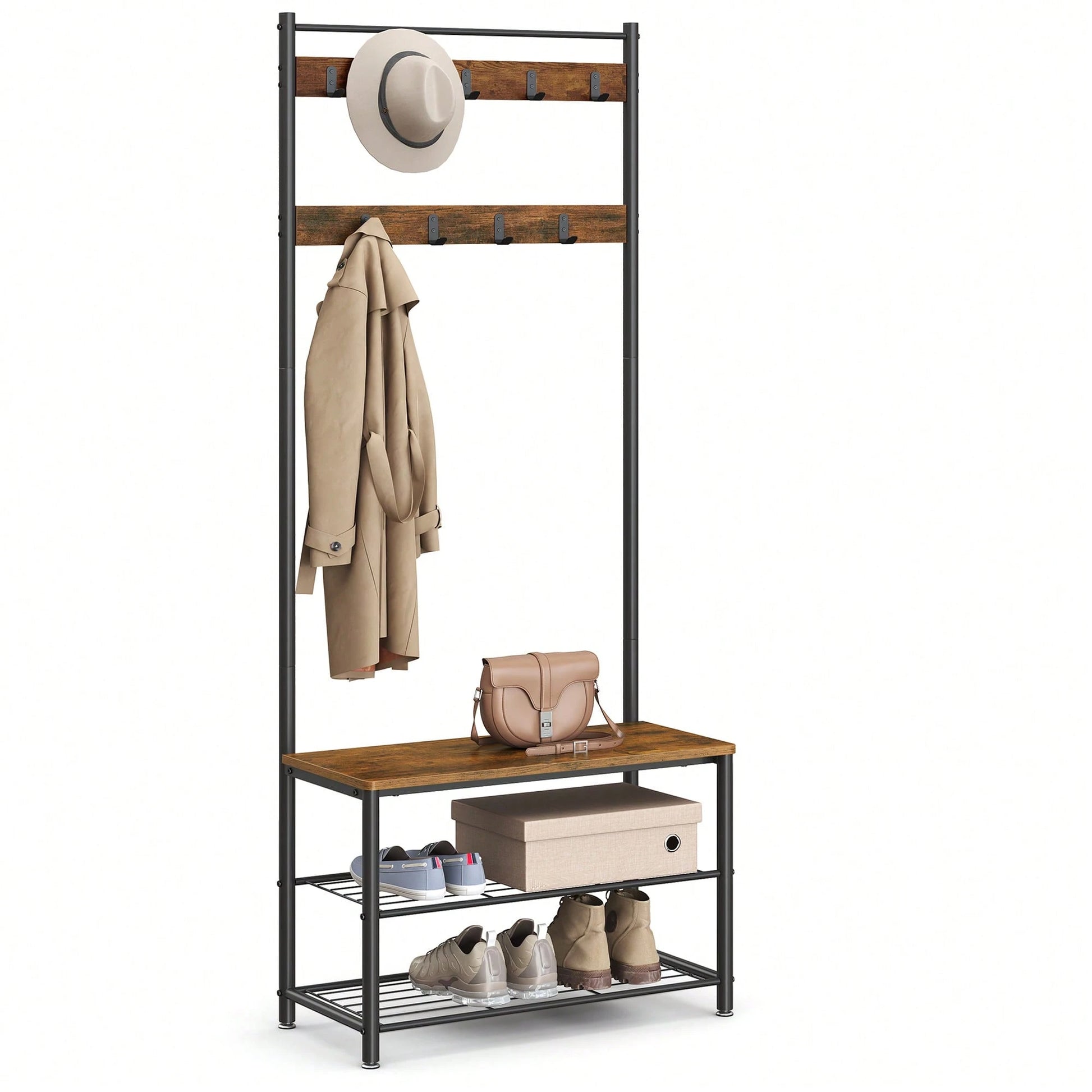 VASAGLE Coat Rack, Hall Tree With Shoe Storage Bench, Entryway Bench With Shoe Storage, 3-In-1, Steel Frame, For Entryway, 12.6 X 27.6 X 68.9 Inches, Industrial
