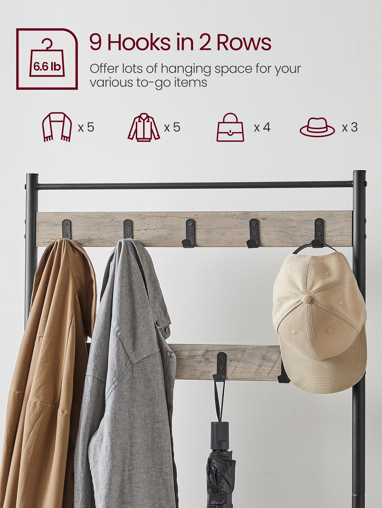 VASAGLE Coat Rack, Hall Tree With Shoe Storage Bench, Entryway Bench With Shoe Storage, 3-In-1, Steel Frame