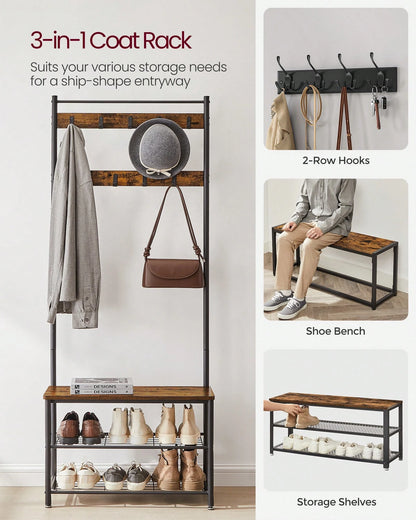 VASAGLE Coat Rack, Hall Tree With Shoe Storage Bench, Entryway Bench With Shoe Storage, 3-In-1, Steel Frame, For Entryway, 12.6 X 27.6 X 68.9 Inches, Industrial