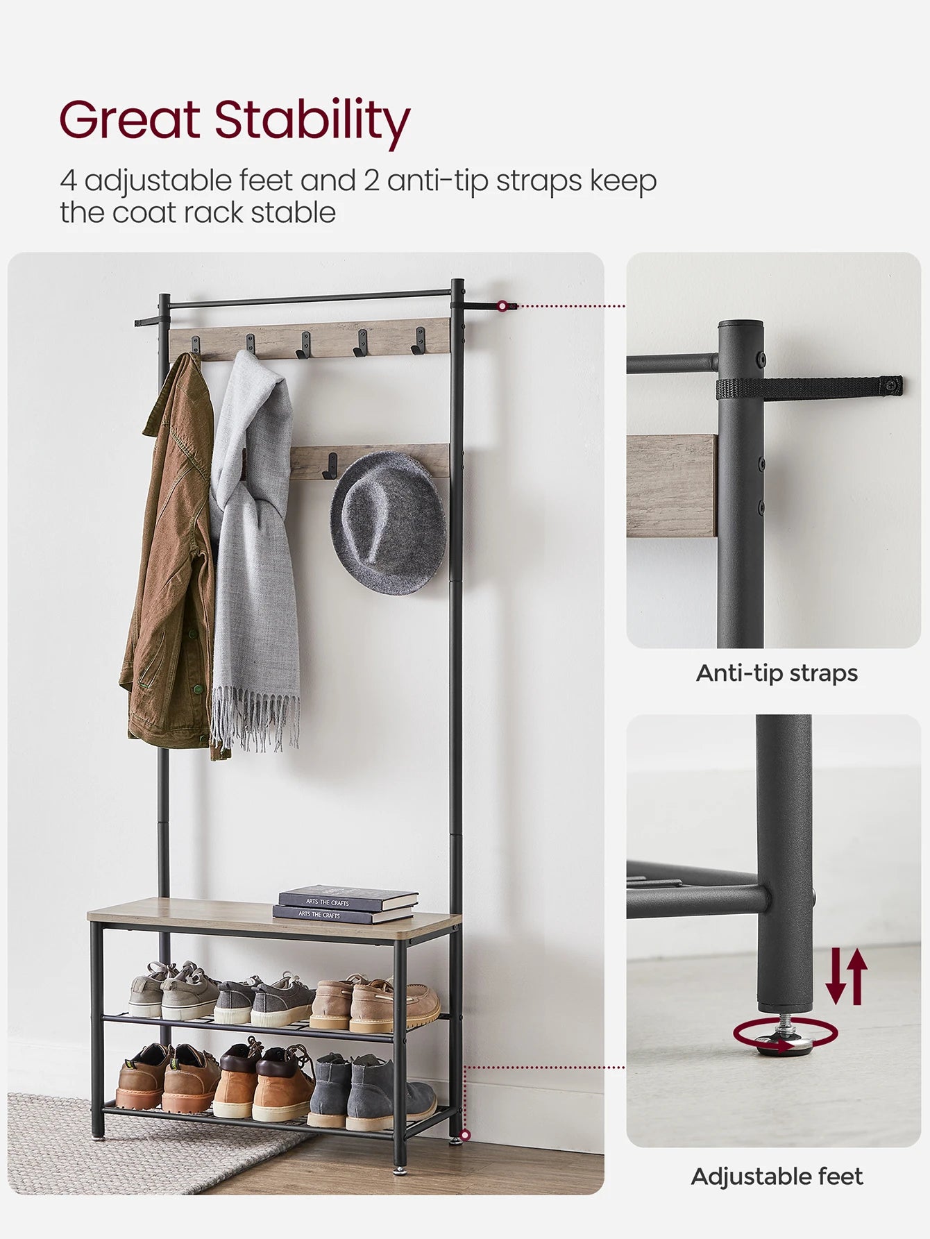 VASAGLE Coat Rack, Hall Tree With Shoe Storage Bench, Entryway Bench With Shoe Storage, 3-In-1, Steel Frame