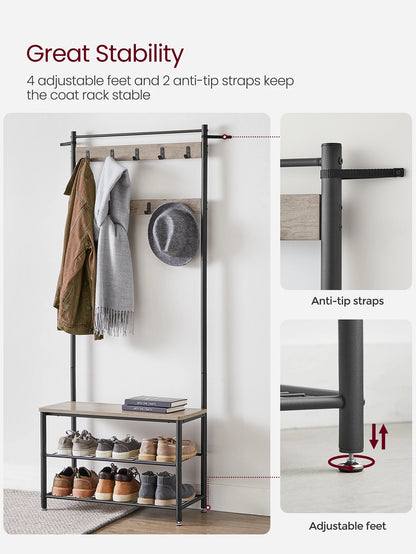 VASAGLE Coat Rack, Hall Tree With Shoe Storage Bench, Entryway Bench With Shoe Storage, 3-In-1, Steel Frame