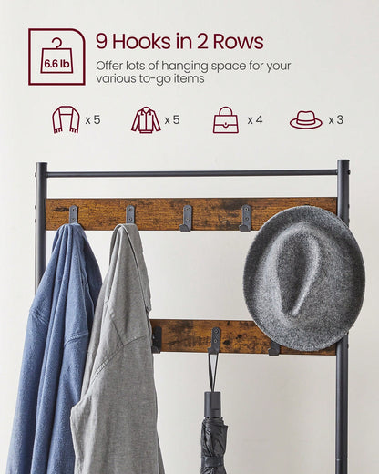 VASAGLE Coat Rack, Hall Tree With Shoe Storage Bench, Entryway Bench With Shoe Storage, 3-In-1, Steel Frame, For Entryway, 12.6 X 27.6 X 68.9 Inches, Industrial
