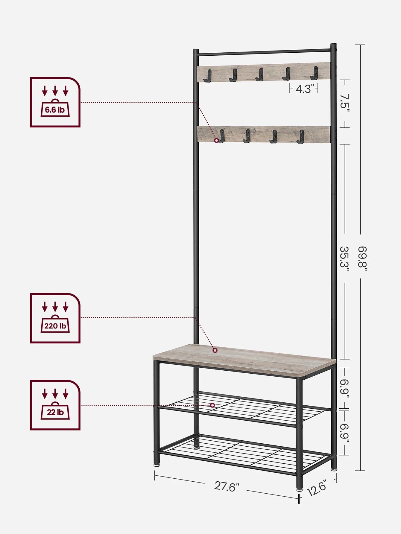 VASAGLE Coat Rack, Hall Tree With Shoe Storage Bench, Entryway Bench With Shoe Storage, 3-In-1, Steel Frame
