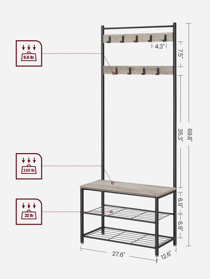 VASAGLE Coat Rack, Hall Tree With Shoe Storage Bench, Entryway Bench With Shoe Storage, 3-In-1, Steel Frame