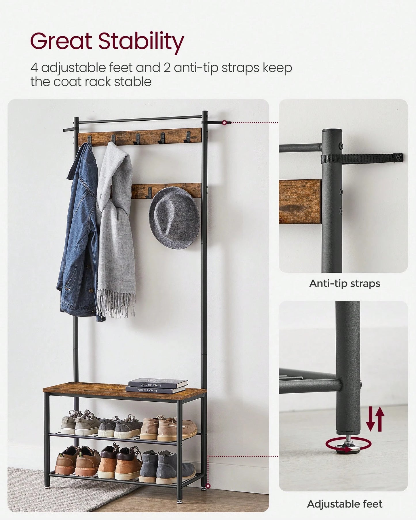 VASAGLE Coat Rack, Hall Tree With Shoe Storage Bench, Entryway Bench With Shoe Storage, 3-In-1, Steel Frame, For Entryway, 12.6 X 27.6 X 68.9 Inches, Industrial