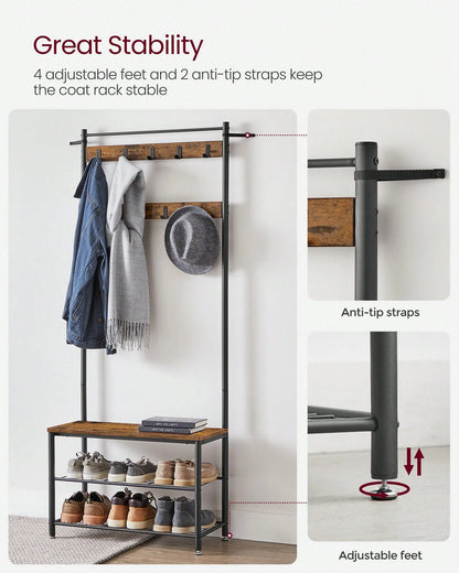 VASAGLE Coat Rack, Hall Tree With Shoe Storage Bench, Entryway Bench With Shoe Storage, 3-In-1, Steel Frame, For Entryway, 12.6 X 27.6 X 68.9 Inches, Industrial
