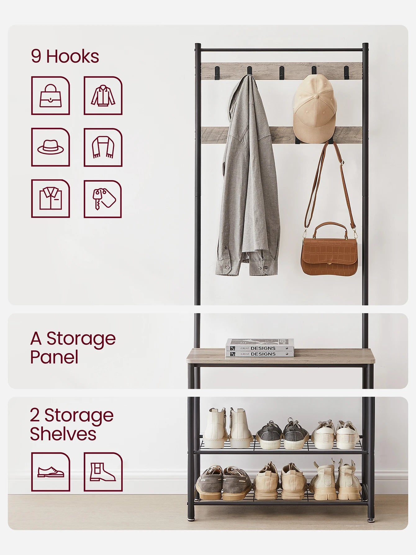 VASAGLE Coat Rack, Hall Tree With Shoe Storage Bench, Entryway Bench With Shoe Storage, 3-In-1, Steel Frame