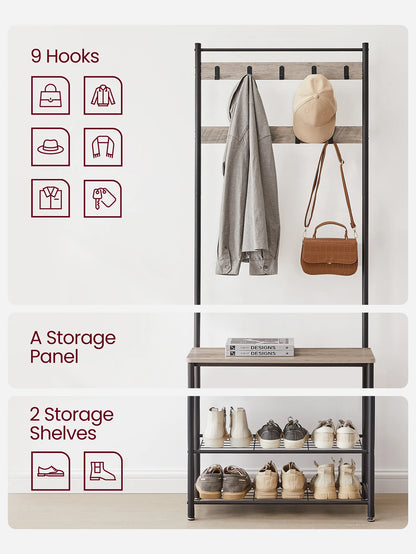 VASAGLE Coat Rack, Hall Tree With Shoe Storage Bench, Entryway Bench With Shoe Storage, 3-In-1, Steel Frame