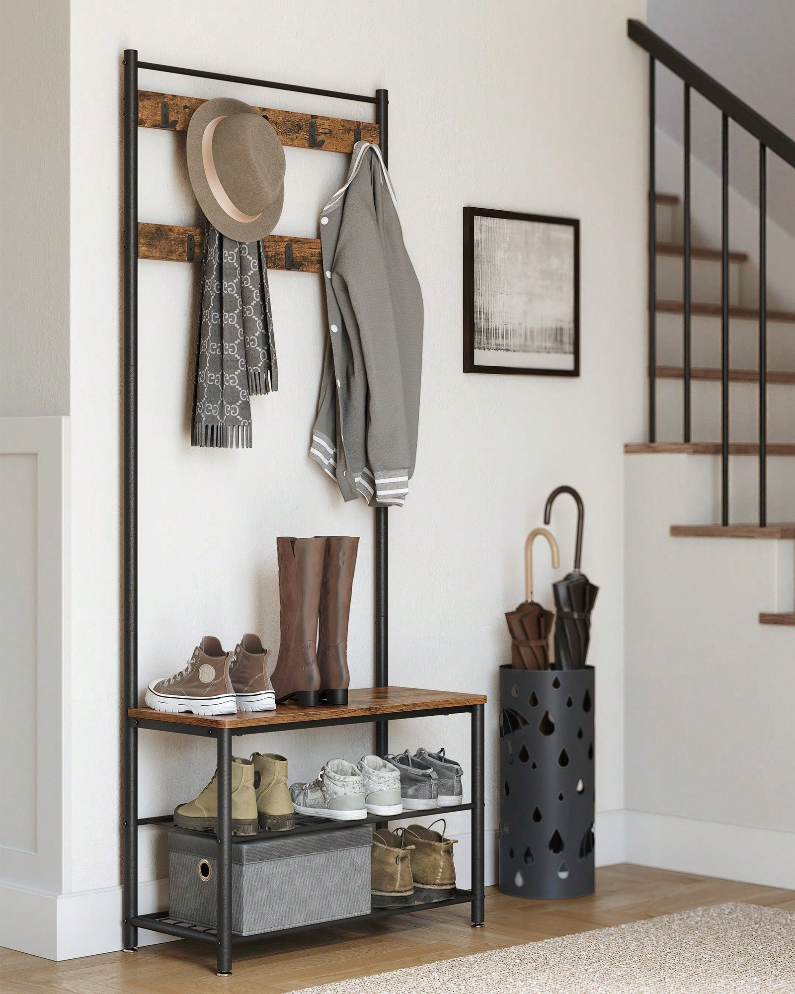 VASAGLE Coat Rack, Hall Tree With Shoe Storage Bench, Entryway Bench With Shoe Storage, 3-In-1, Steel Frame, For Entryway, 12.6 X 27.6 X 68.9 Inches, Industrial