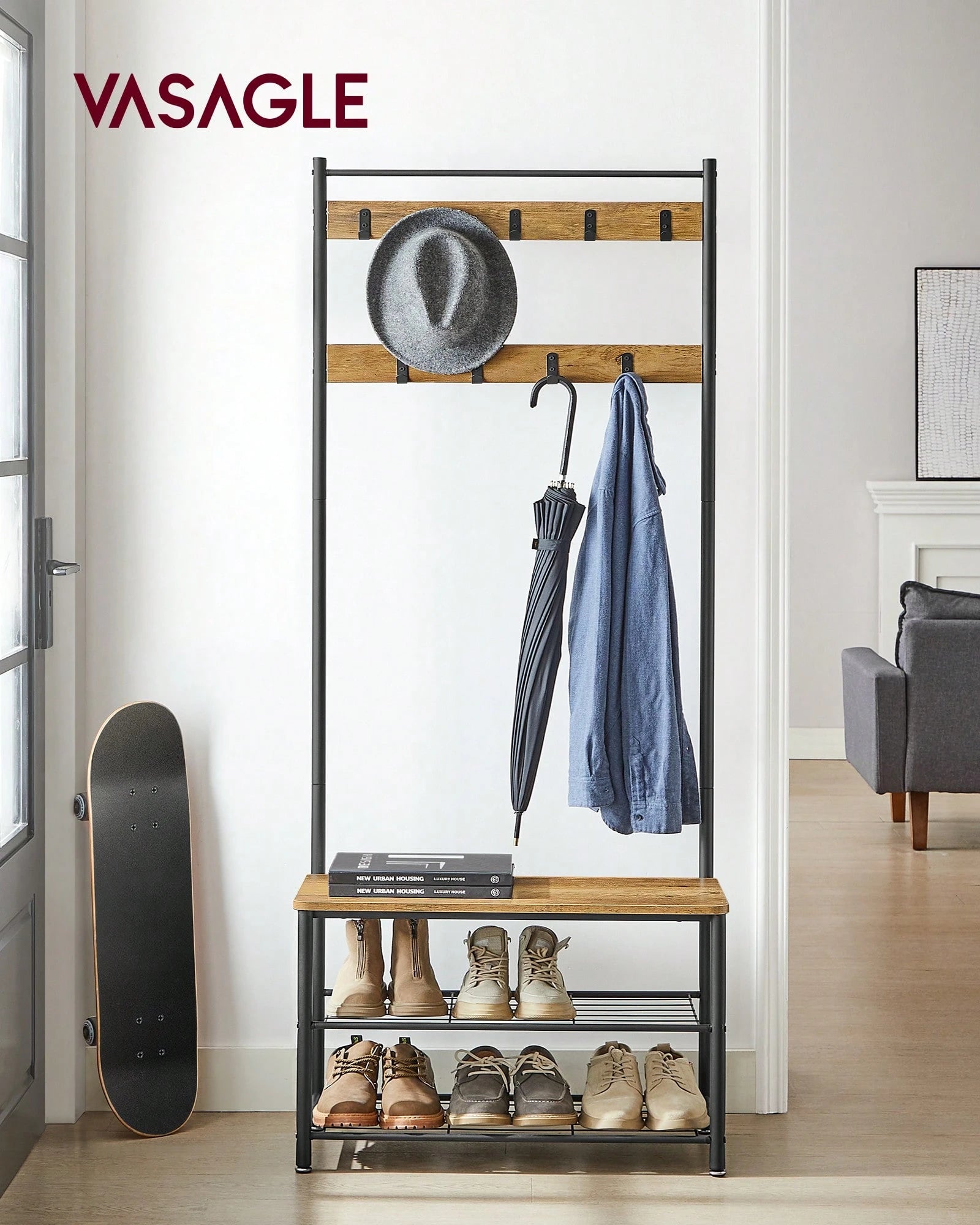 VASAGLE Coat Rack, Hall Tree With Shoe Storage Bench, Entryway Bench With Shoe Storage, 3-In-1, Steel Frame, For Entryway, 12.6 X 27.6 X 68.9 Inches, Industrial
